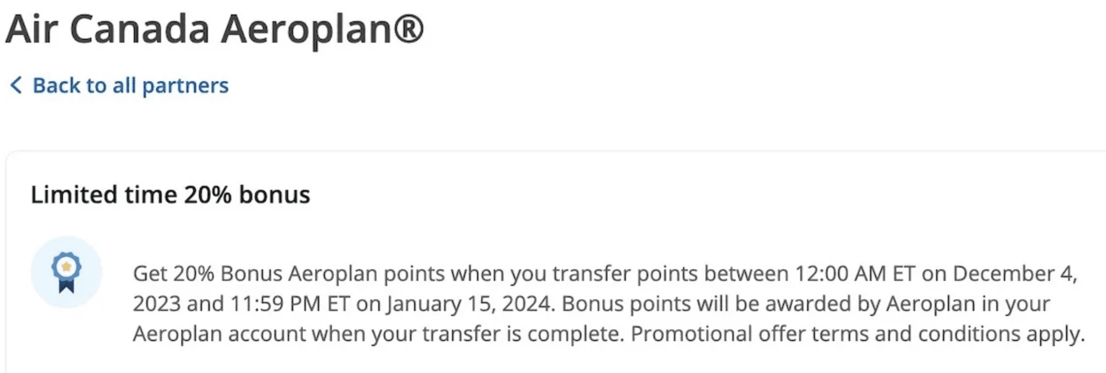 Aircanada aeroplan transfer bonus